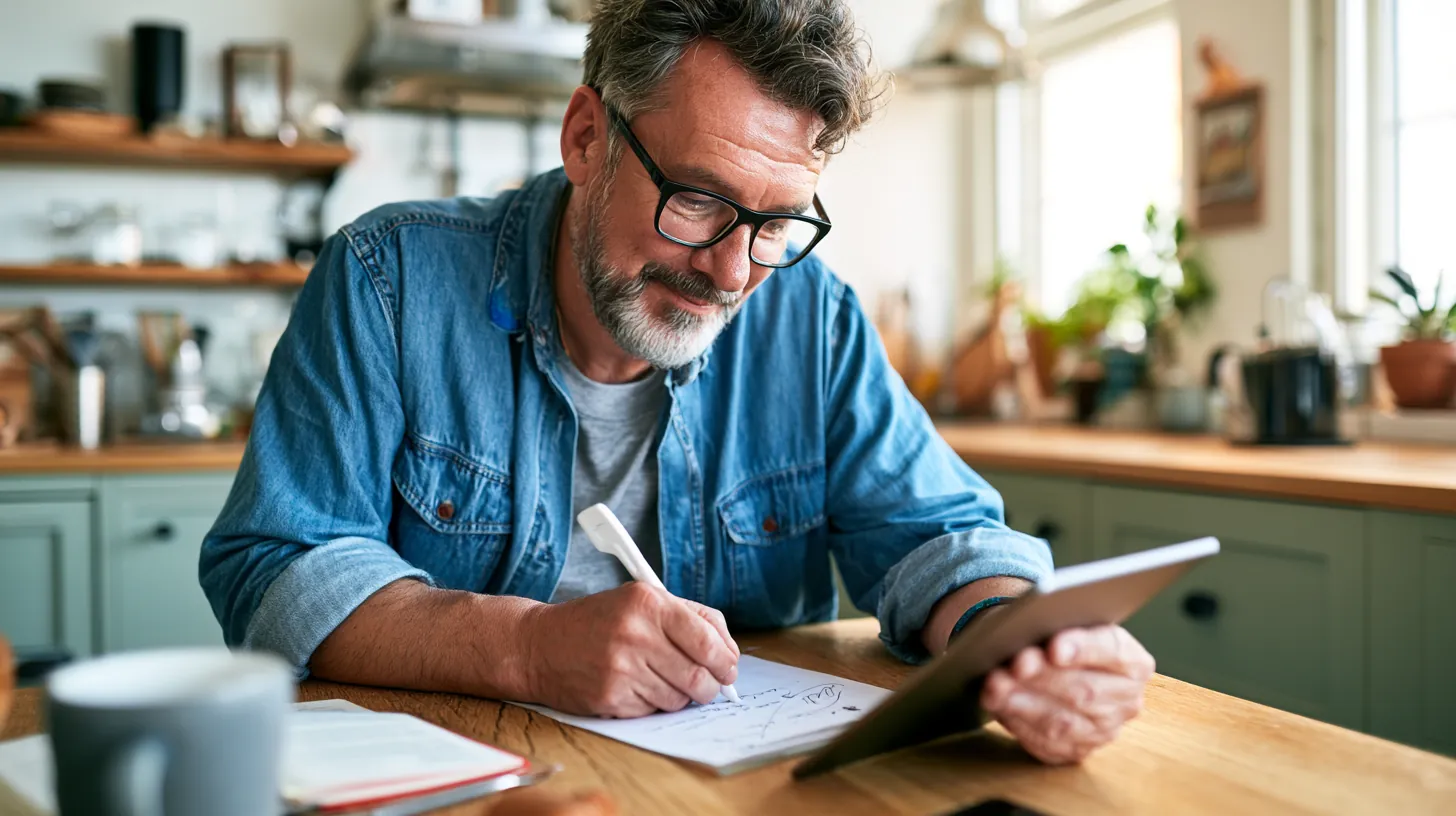 Man signing an Uplyft Capital personal loan agreement on a tablet at his kitchen table