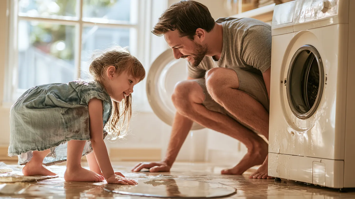 Father reassuring his daughter beside a broken washing machine before requesting an emergency loan from Uplyft Capital