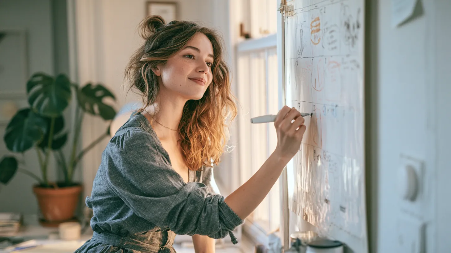 Woman marking Uplyft Capital installment loan payment dates on a wall calendar in her home office