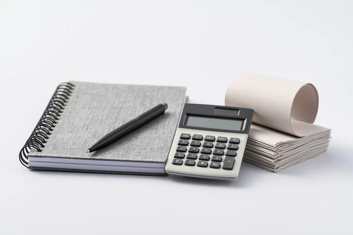Flat lay of a notebook, pen, calculator, and receipts arranged for the Uplyft Capital monthly budget method
