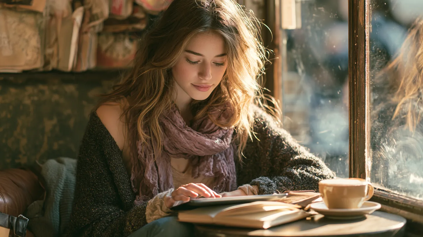Woman reading Uplyft Capital blog articles on a tablet in a bright cafe