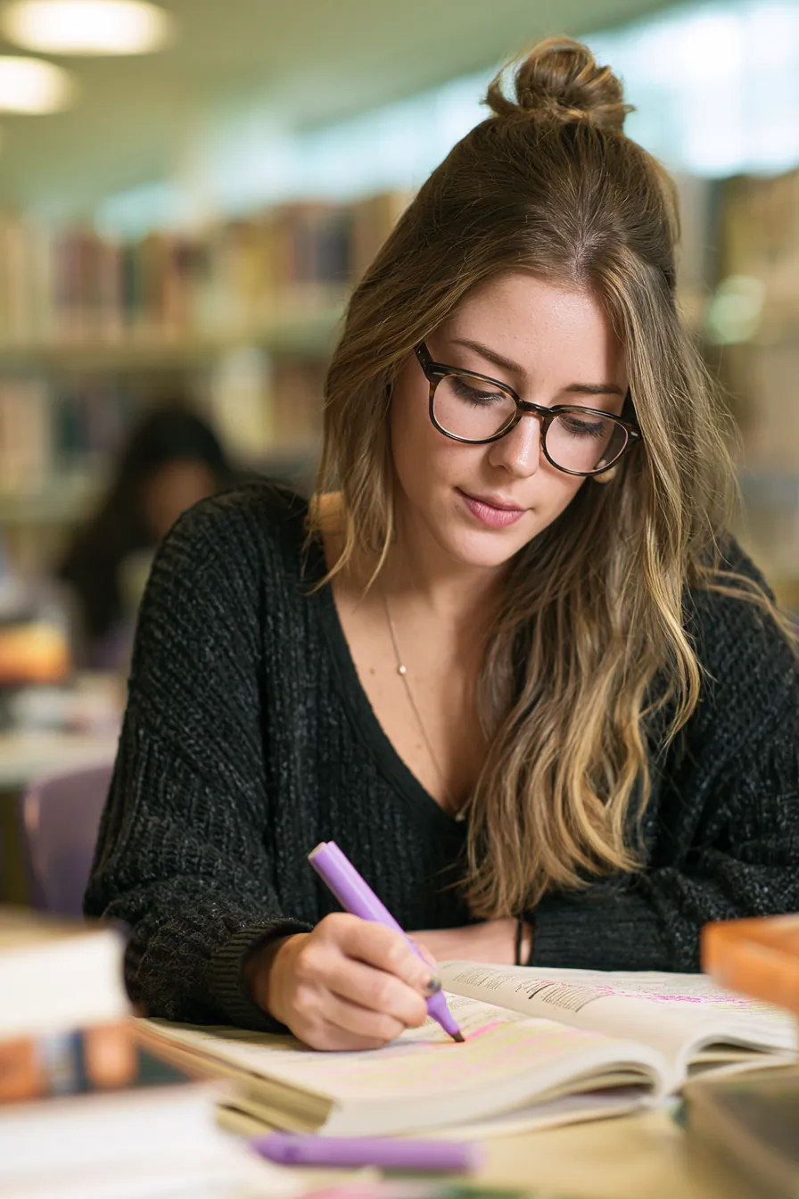 Woman highlighting definitions in a textbook, studying the personal loan glossary