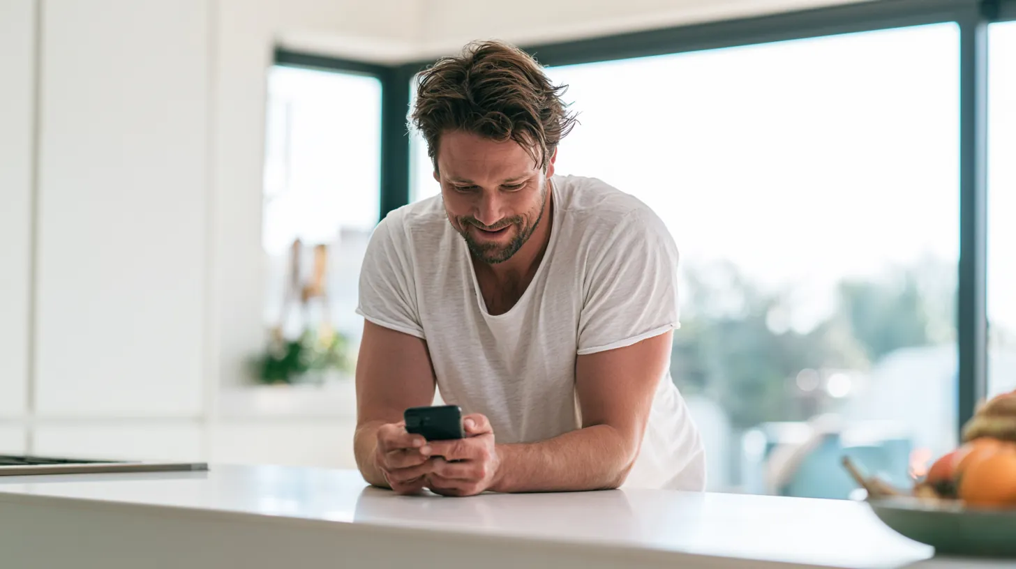 Young man reading an Uplyft Capital personal loan offer on his phone in a bright kitchen