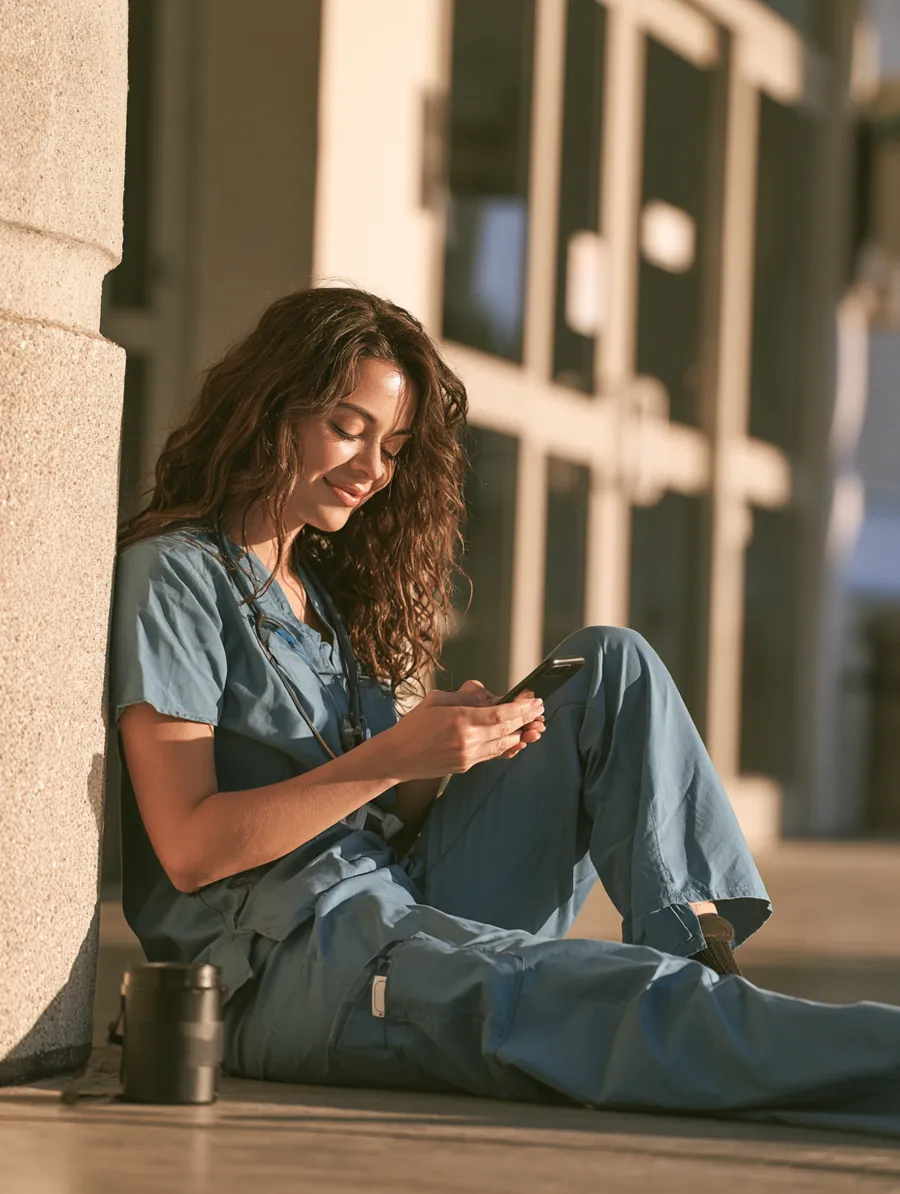 A nurse on a break outside a hospital checking her Uplyft Capital loan status on her phone
